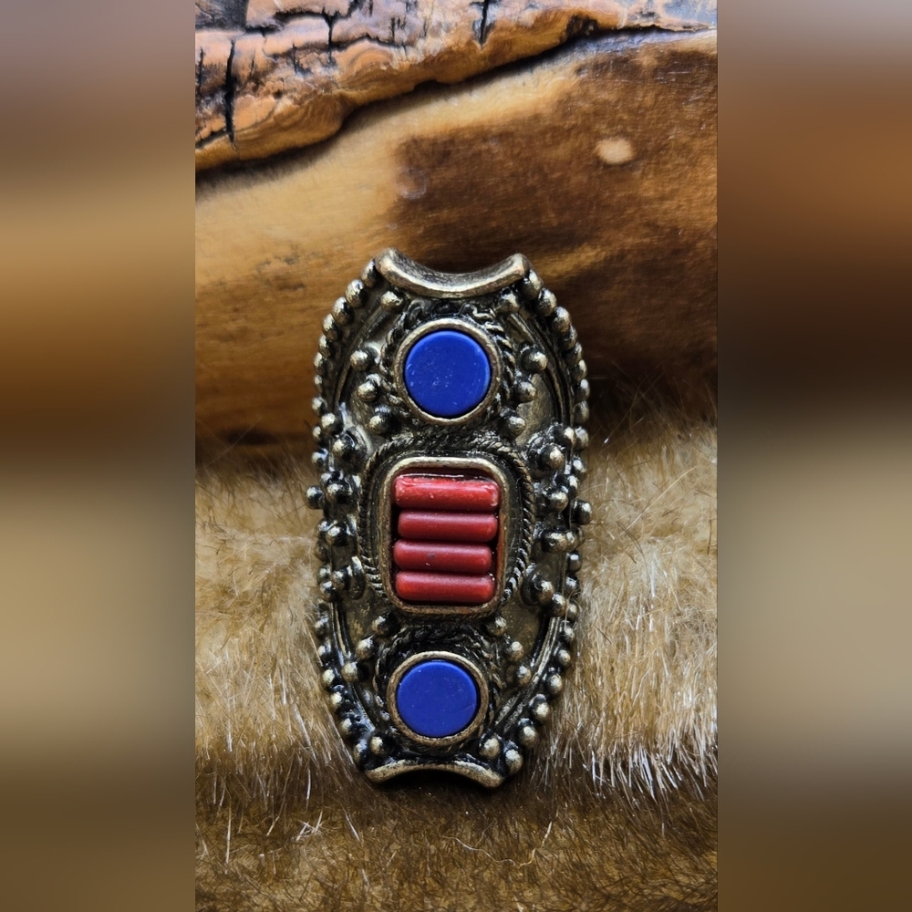 Bohemian Large Ring Antiqued Brass Finish with Red & Blue Resin Accents Vintage
